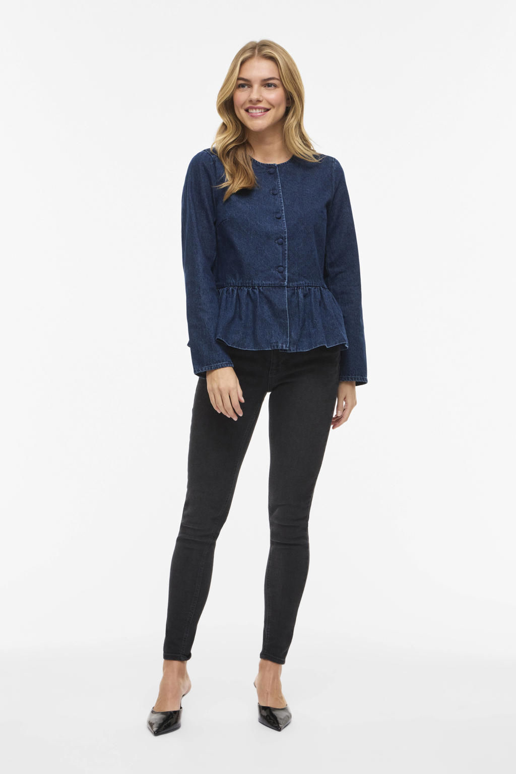 Dark blue denim dames VILA blouse dark blue van katoen met effen, lange mouwen, ronde hals, knoopsluiting en knoopdetail