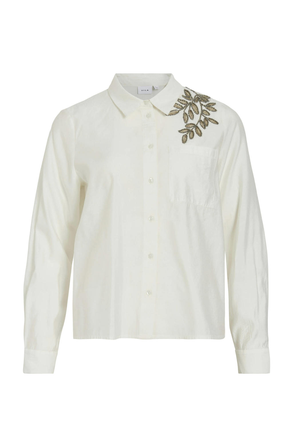 Ecru dames VILA blouse broderie van viscose met effen, lange mouwen, widespread hals en knoopsluiting