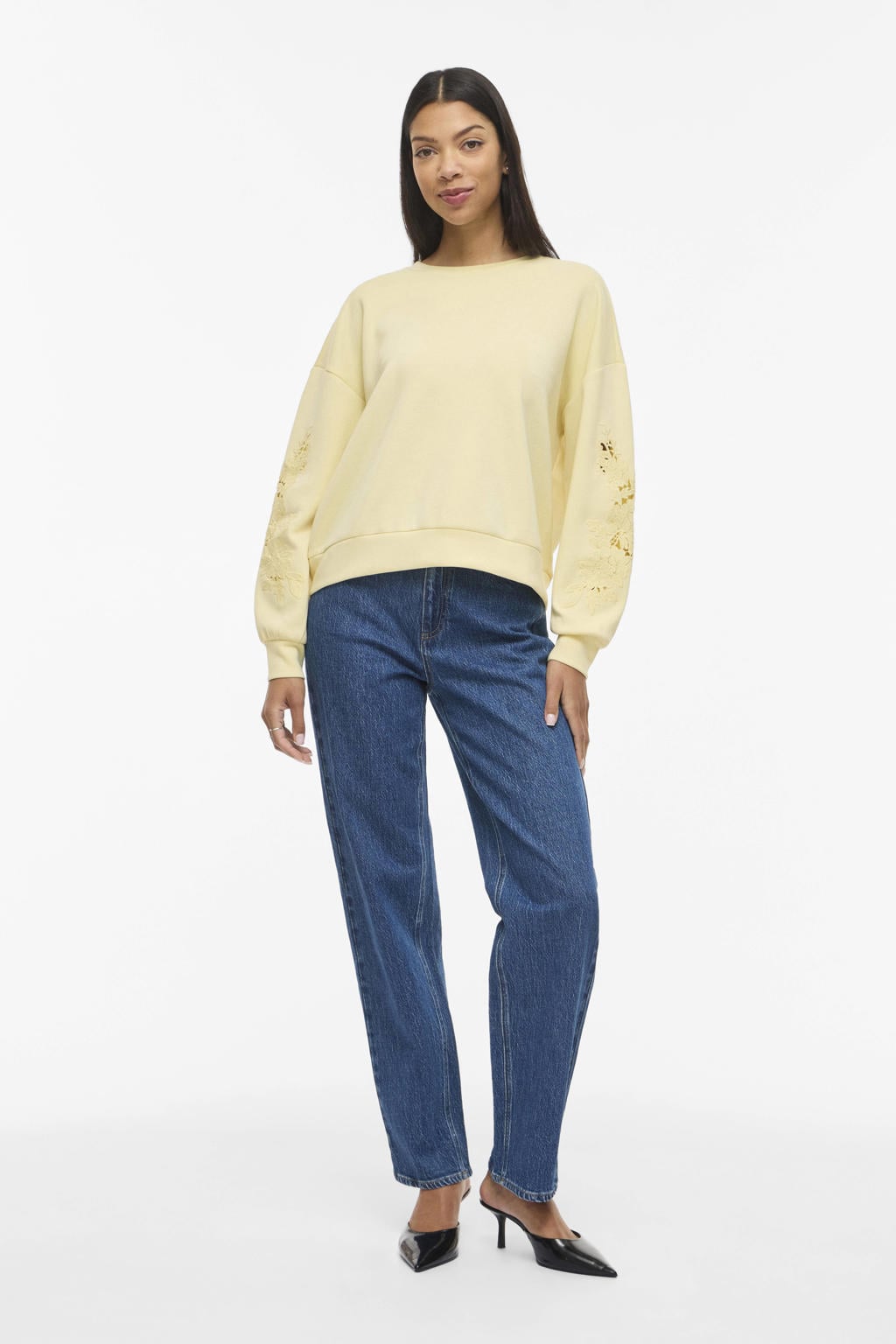 Lichtgele dames VILA sweater met effen, lange mouwen, ronde hals en borduursels