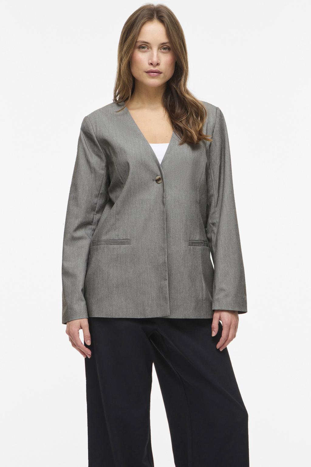 Lichtgrijze dames VILA regular blazer van polyester met melée print, lange mouwen, V-hals, knoopsluiting en geweven detail