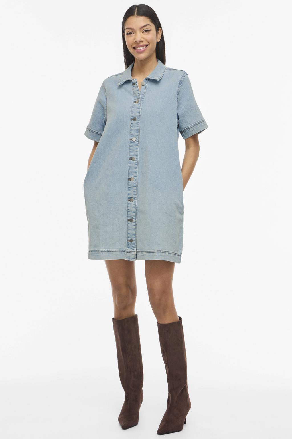 Light blue denim dames VILA blousejurk van denim met effen, korte mouwen, button down sluiting en knoopsluiting