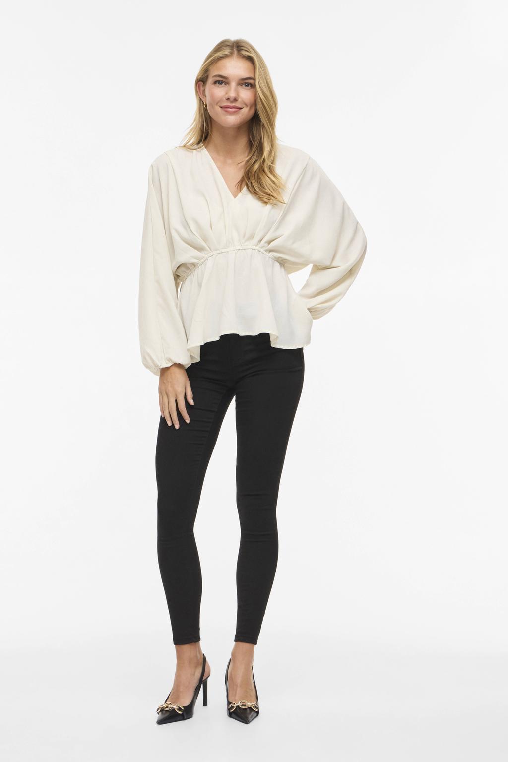 Ecru dames VILA blousetop van polyester met effen, lange mouwen, V-hals en geweven detail