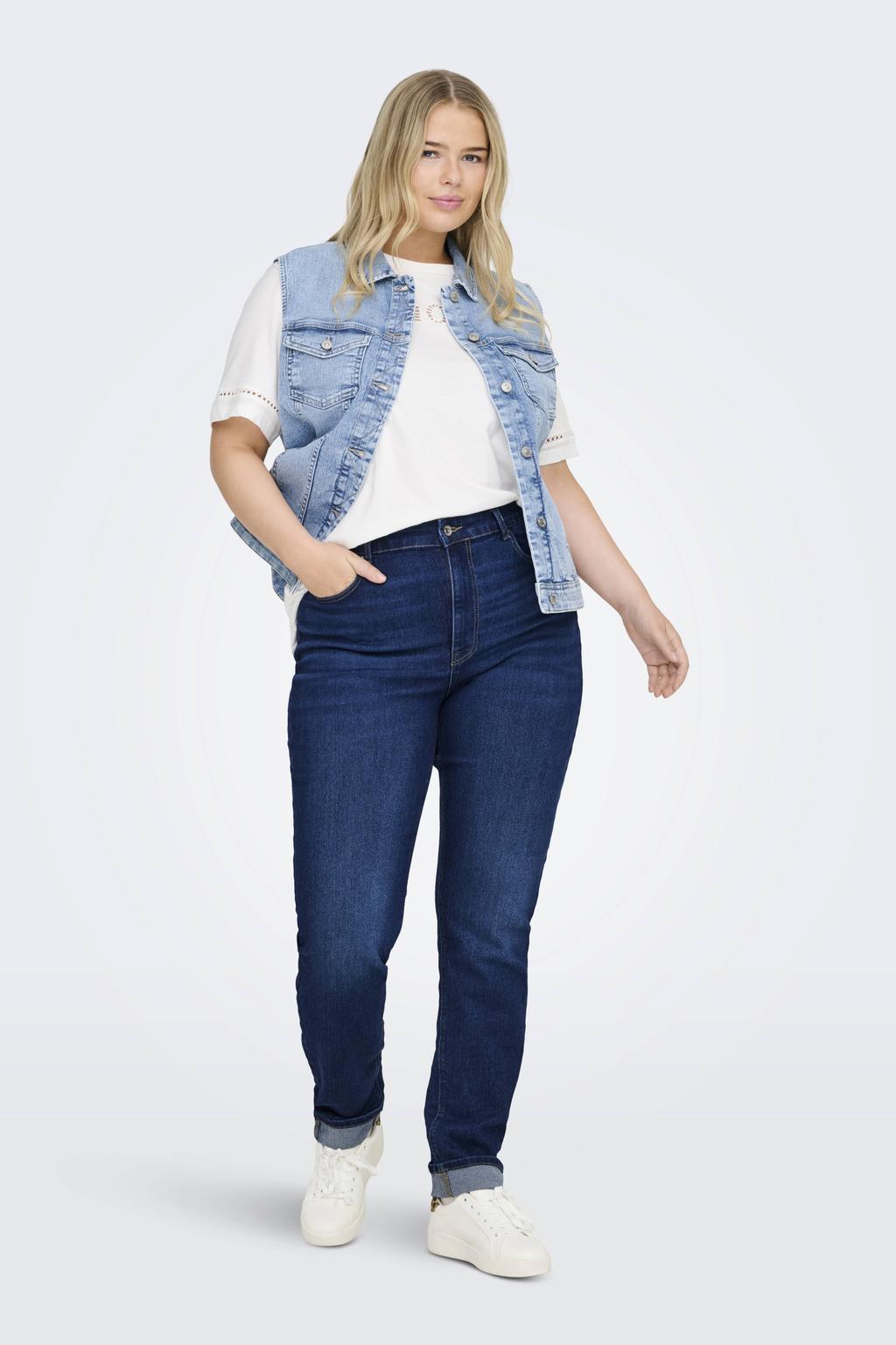 Dark blue denim dames ONLY CARMAKOMA high waist skinny jeans dark blue van denim met rits- en knoopsluiting en effen