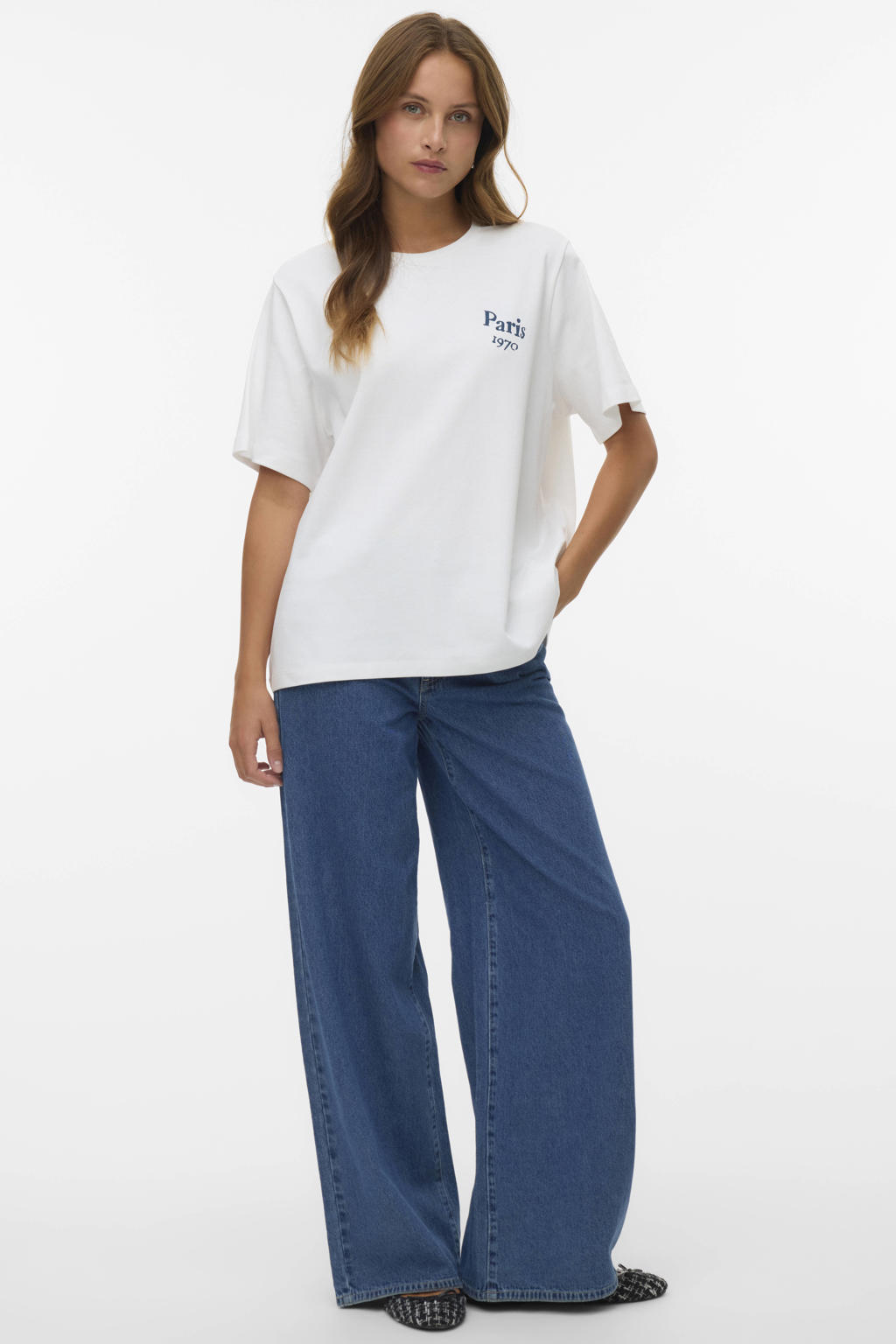 Wit en beige dames VERO MODA T-shirt van katoen met backprint, korte mouwen en ronde hals