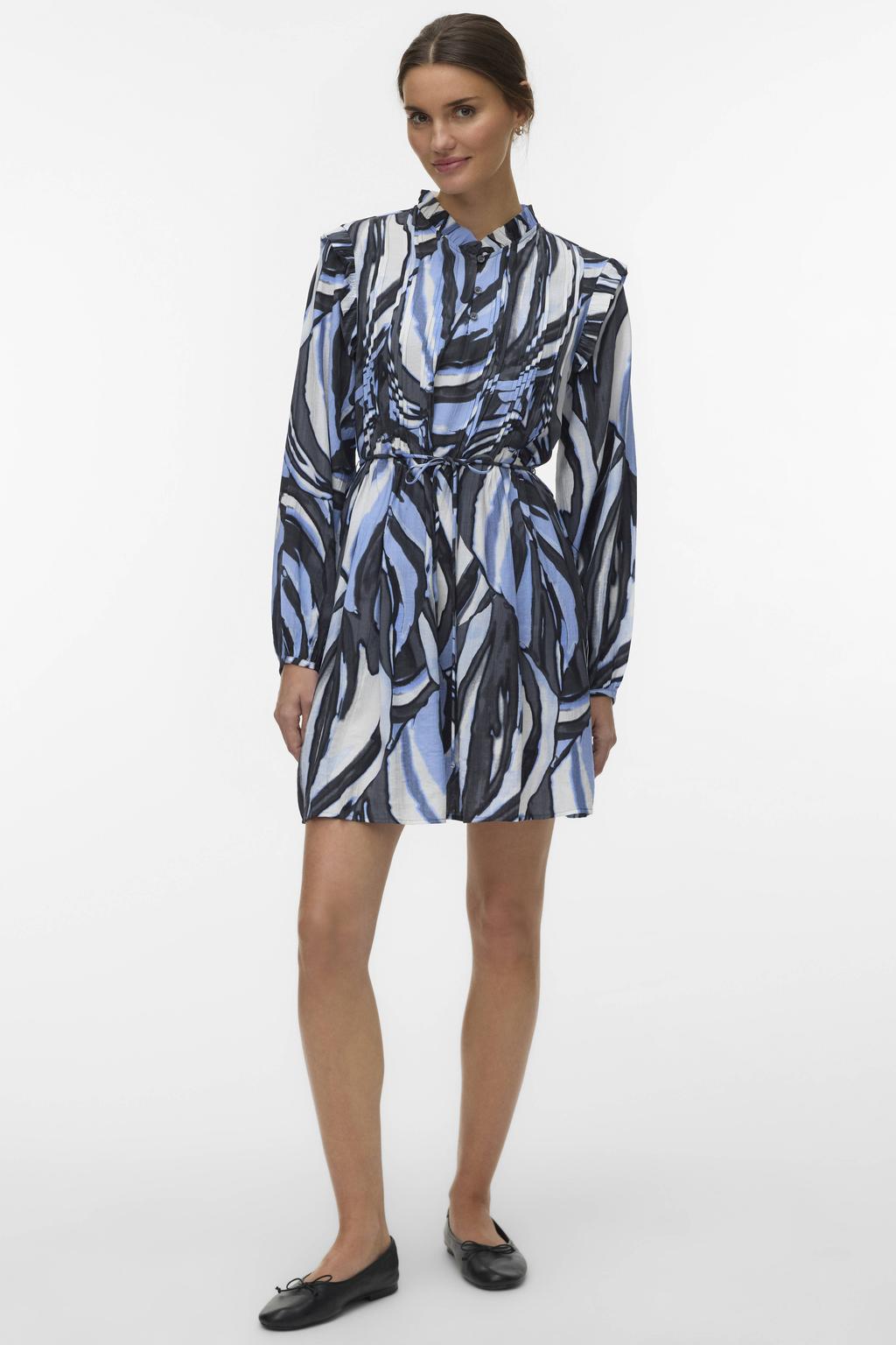 Blauwe dames VERO MODA A-lijn jurk van viscose met lange mouwen, opstaande kraag, knoopsluiting en geweven detail