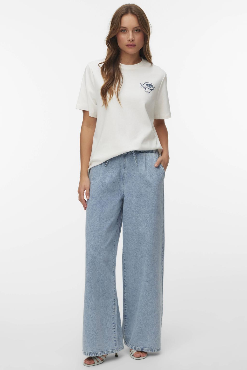 Wit, roze en blauwe dames VERO MODA T-shirt van katoen met backprint, korte mouwen en ronde hals