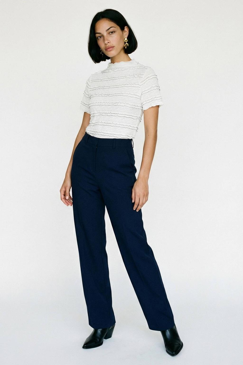 Donkerblauwe dames VERO MODA Straight high waist cropped broek van polyester met rits- en haaksluiting en effen
