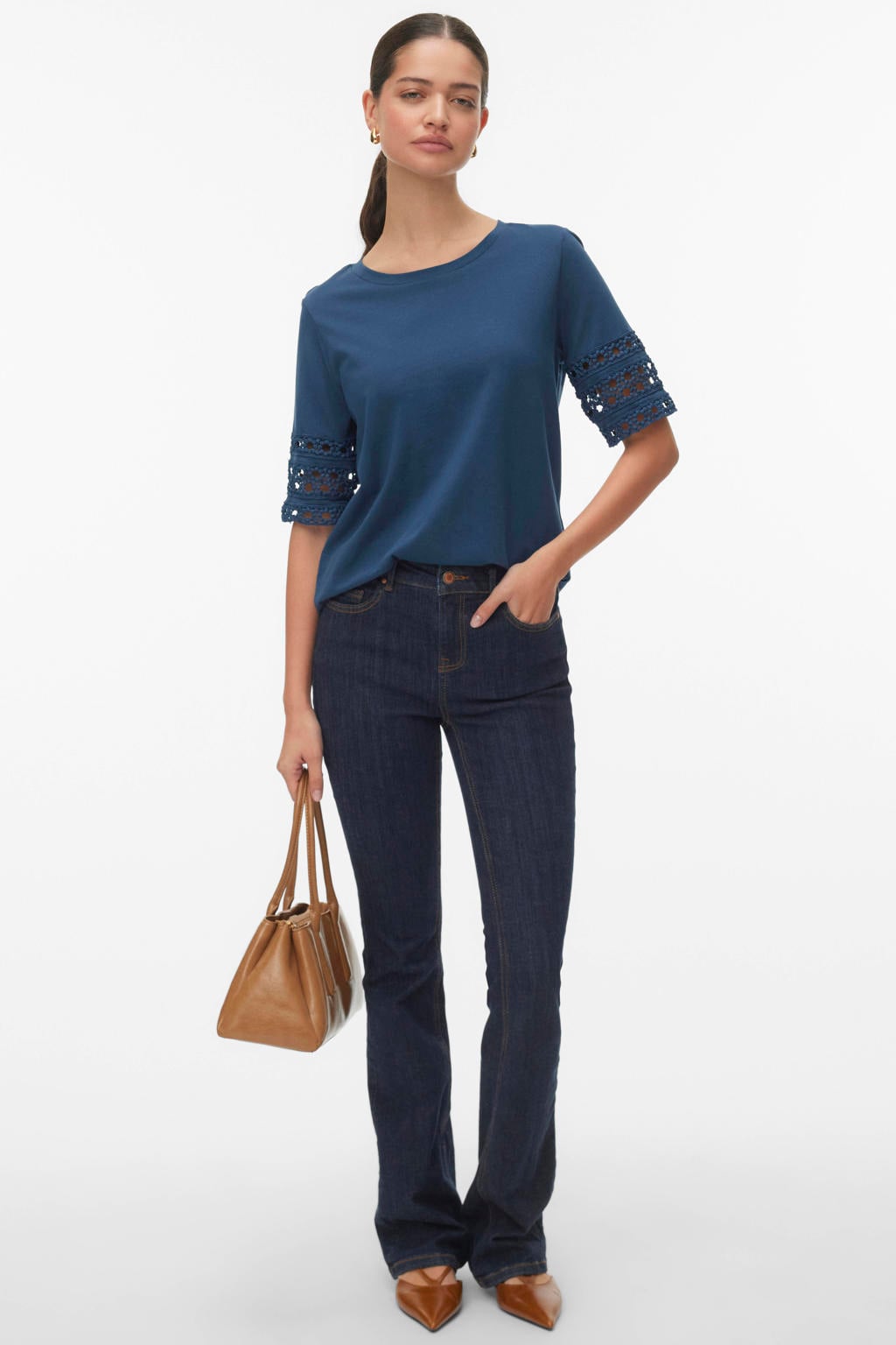 Donkerblauwe dames VERO MODA top broderie met effen, half lange mouwen en ronde hals
