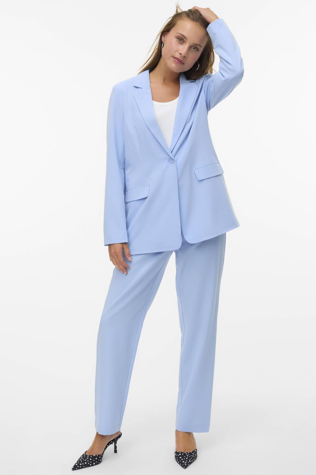 Lichtblauwe dames VERO MODA oversized blazer van polyester met effen, lange mouwen, reverskraag en knoopsluiting