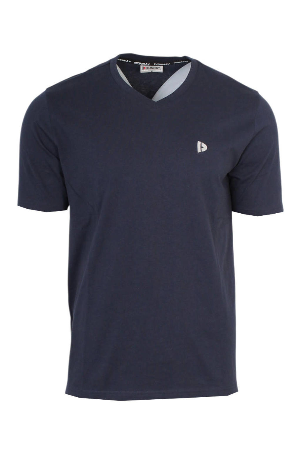 Donkerblauwe heren Donnay sportshirt Berno van katoen met korte mouwen en V-hals