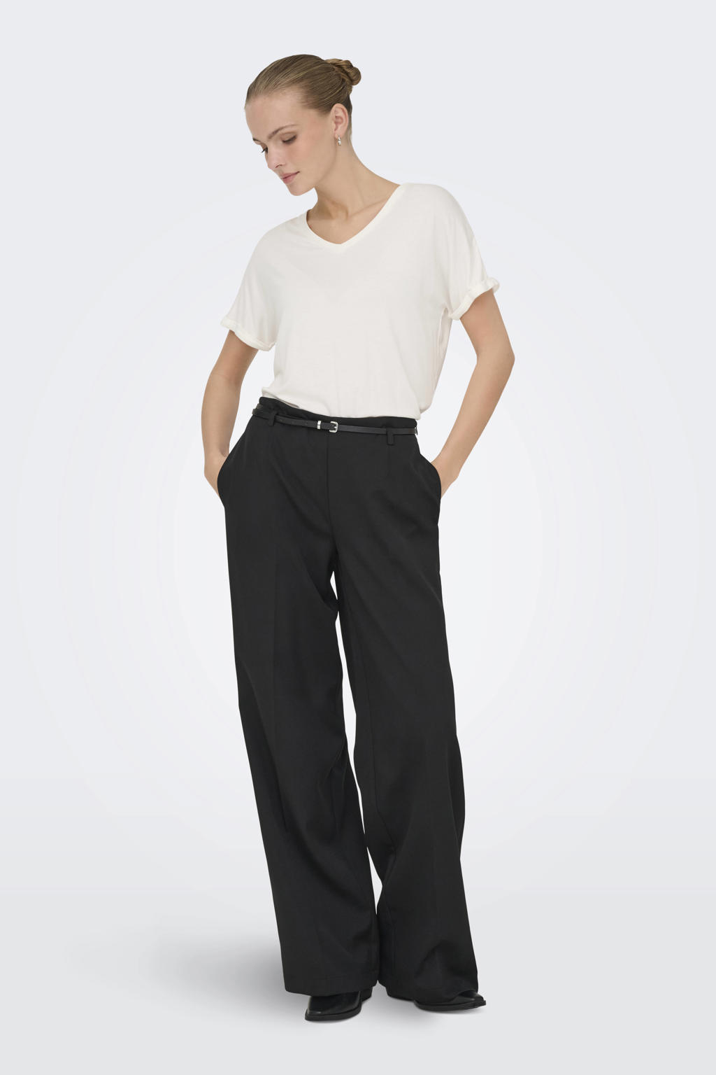 Ecru dames JDY T-shirt van modal met effen, korte mouwen en ronde hals