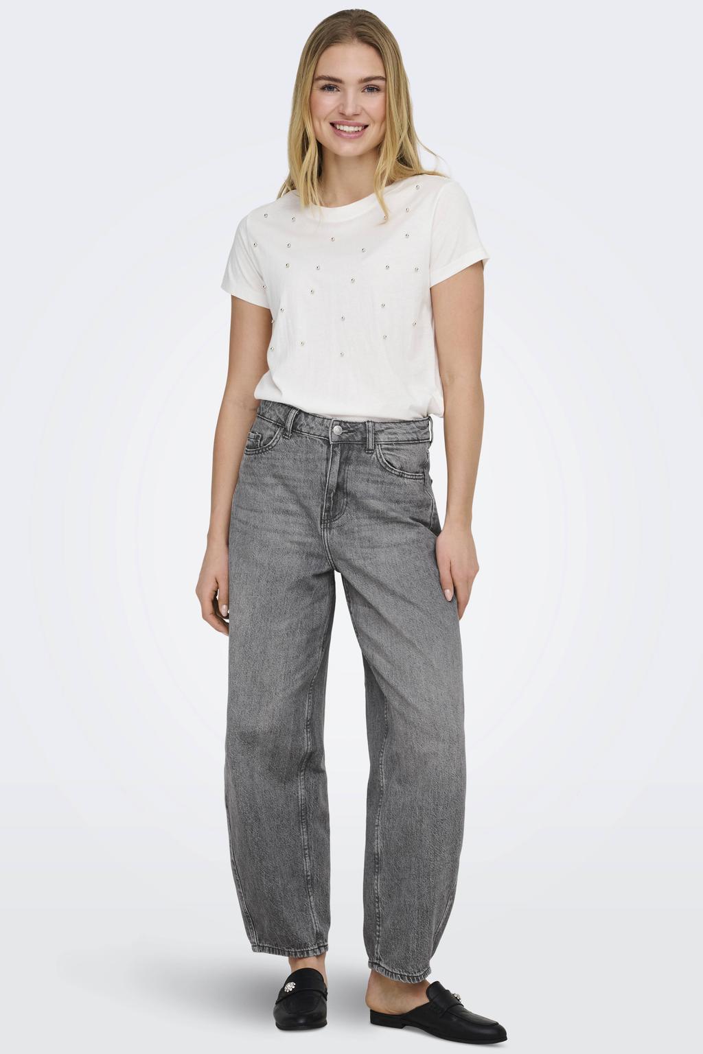 Witte dames JDY T-shirt van katoen met effen, korte mouwen, ronde hals en studs