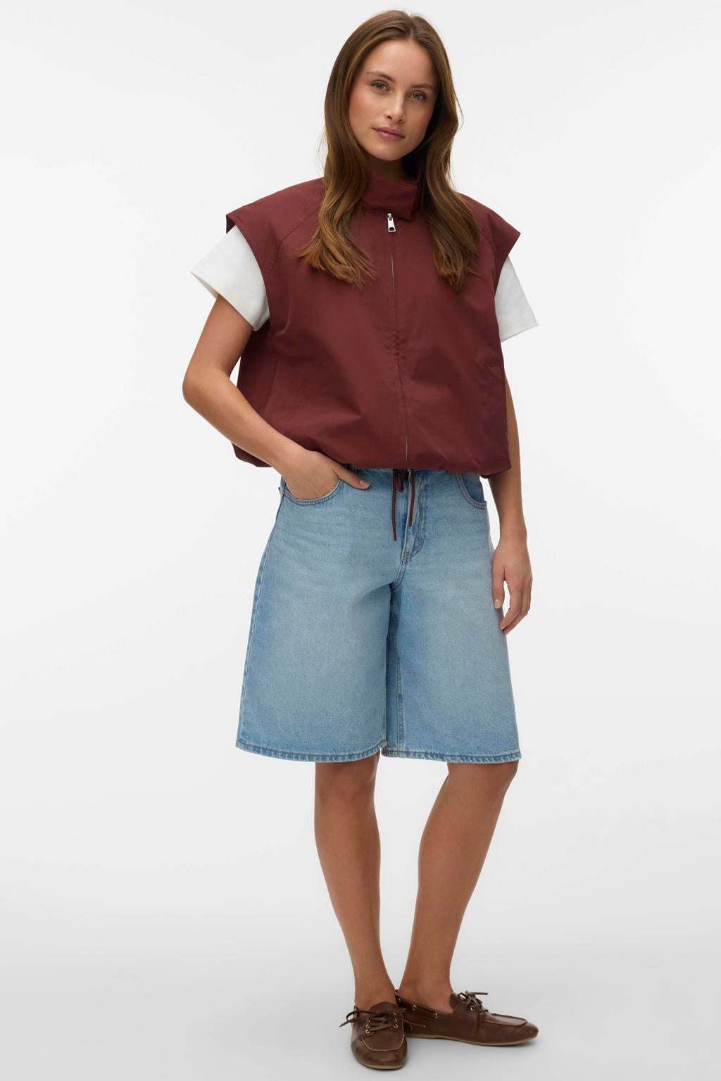 Bruine dames VERO MODA gilet van polyester met effen, opstaande kraag en ritssluiting