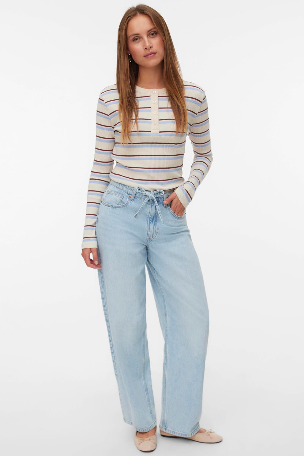 Light blue denim dames VERO MODA high waist barrel jeans van denim met rits- en knoopsluiting en effen