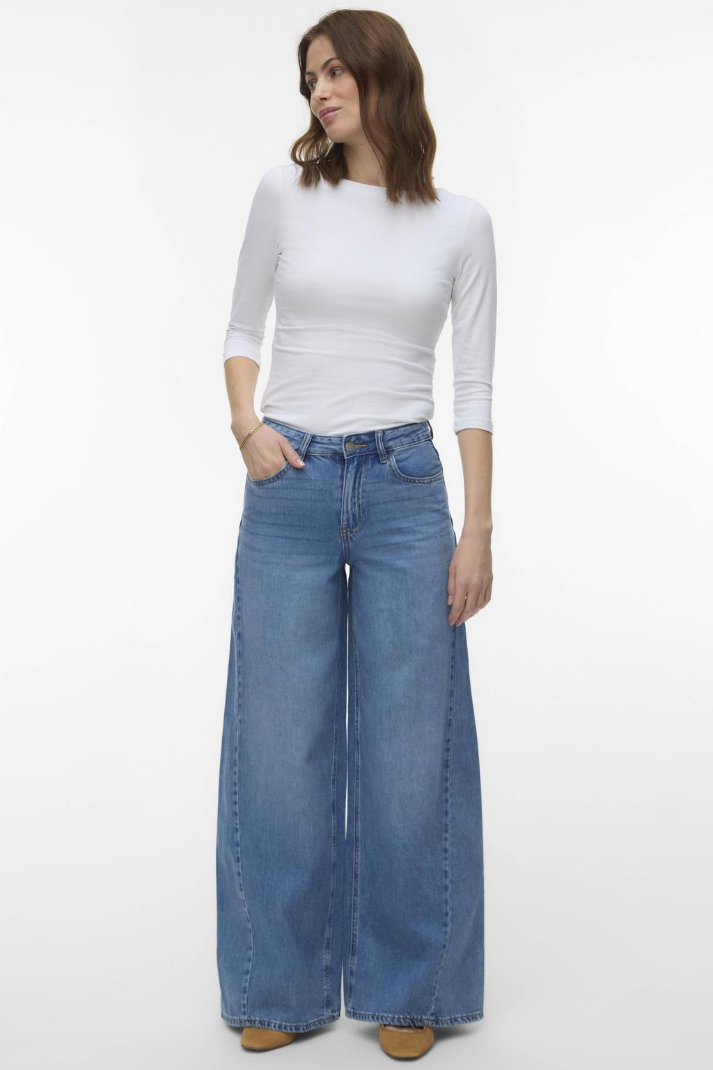 Medium blue denim dames VERO MODA Vmannet wide leg jeans van denim met rits- en knoopsluiting en effen
