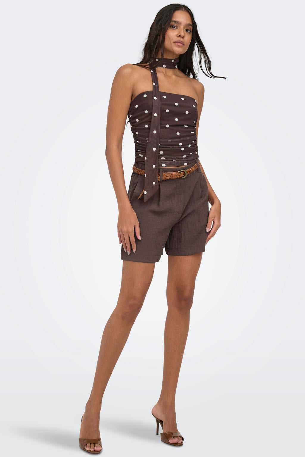 Bruin en witte dames JDY strapless top van polyester met mesh