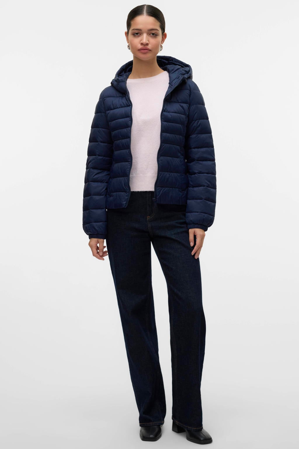Donkerblauwe dames VERO MODA jasje van nylon met effen, lange mouwen, capuchon, ritssluiting en quilted