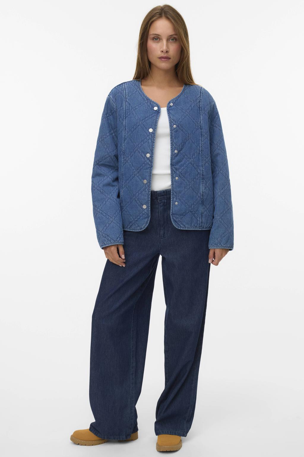Medium blue denim dames VERO MODA bomberjack van polyester met effen, lange mouwen, V-hals en knoopsluiting