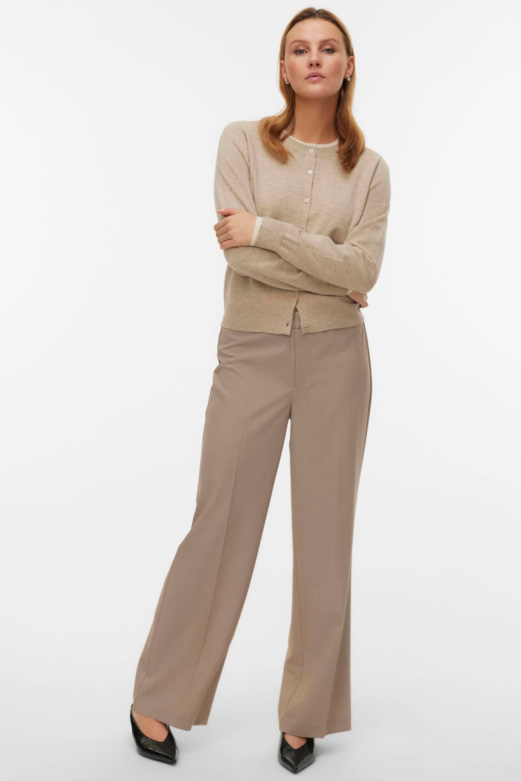 Beige dames VERO MODA straight regular waist casual broek van polyester met haaksluiting en effen