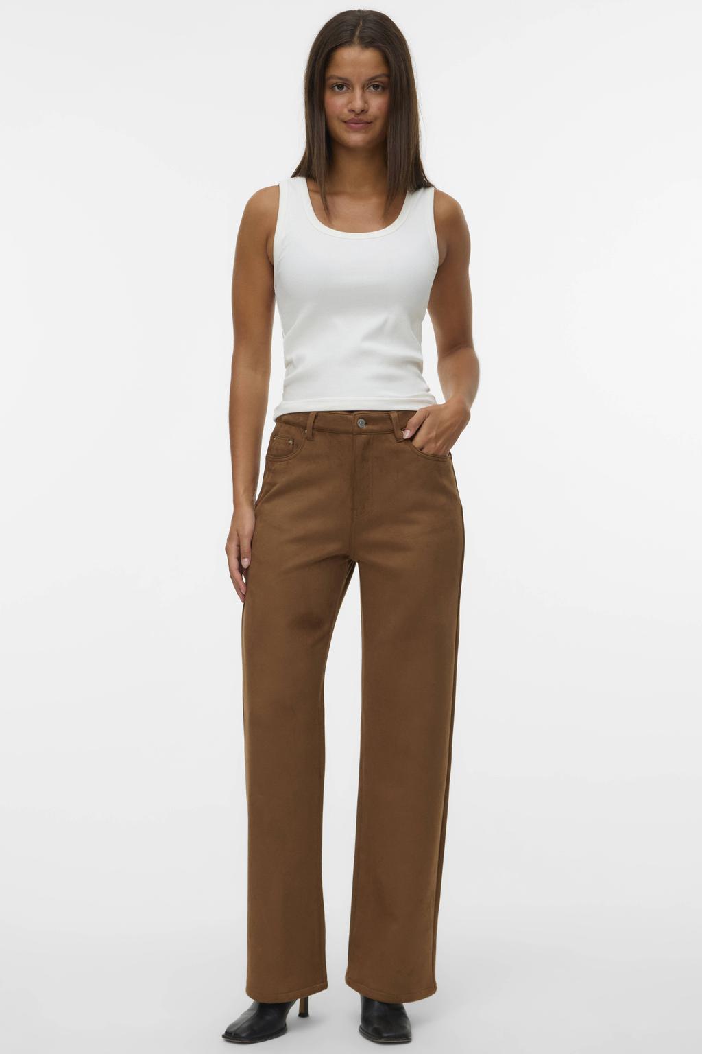 Bruine dames VERO MODA suede wide leg high waist casual broek met knoopsluiting en effen