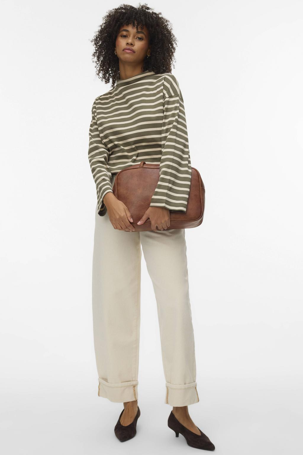 Bruine dames VERO MODA gestreepte top met lange mouwen en col
