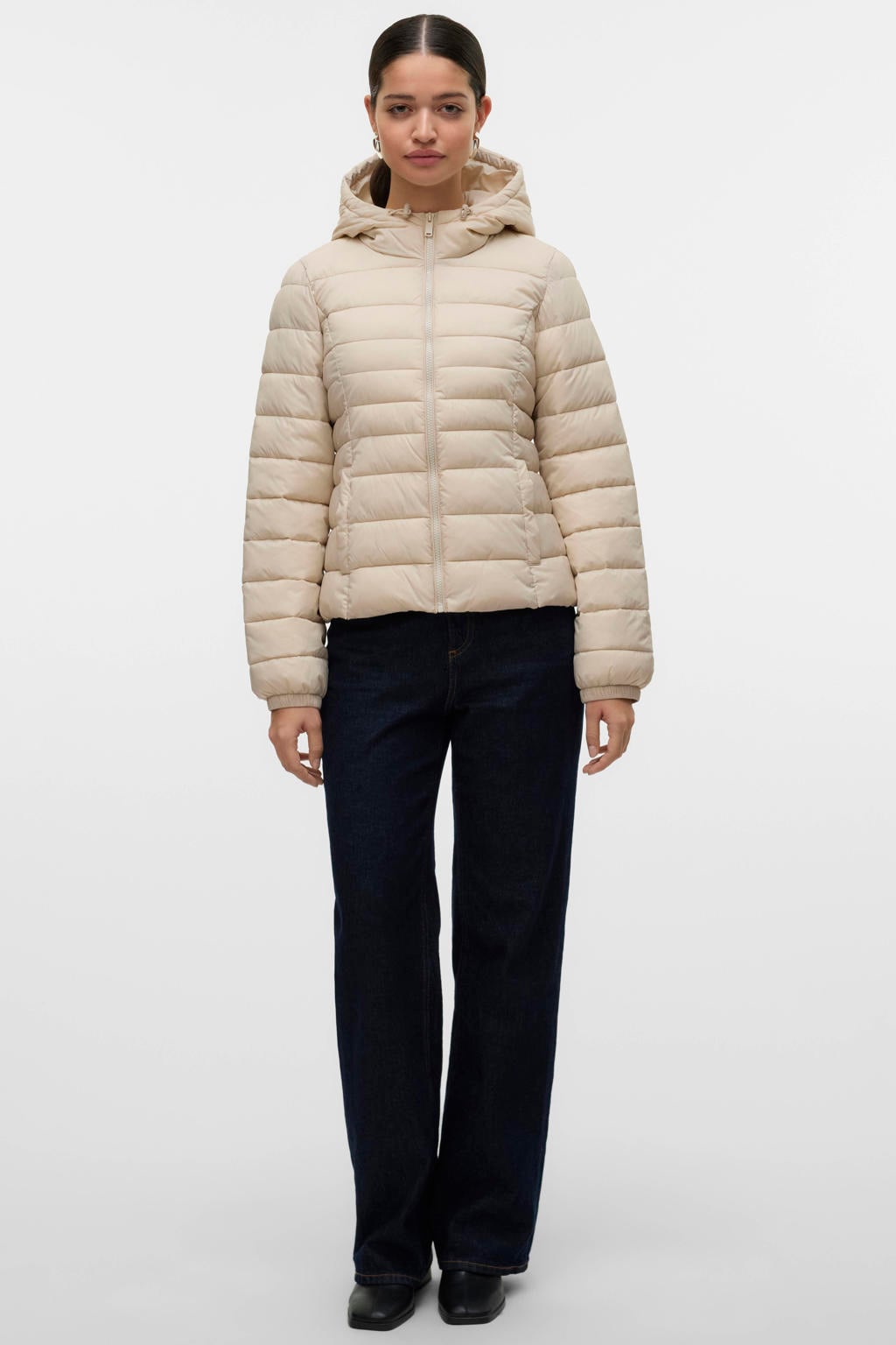 Ecru dames VERO MODA gewatteerde jas quilted van nylon met effen, lange mouwen, capuchon en ritssluiting