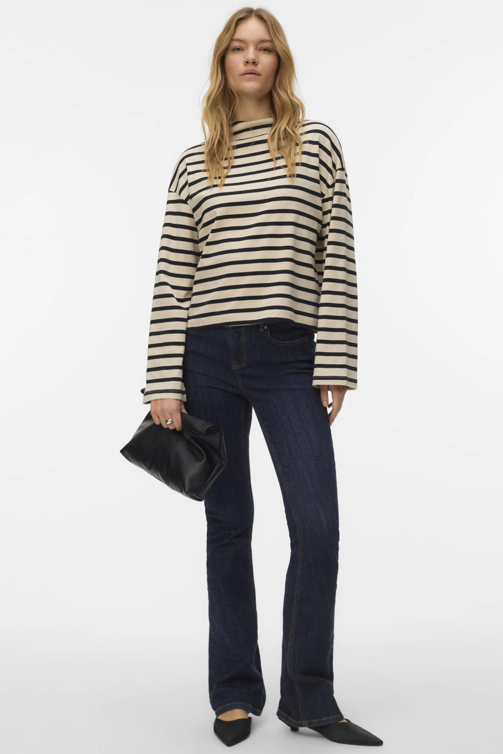 Zwart en ecru dames VERO MODA gestreepte top met lange mouwen en col