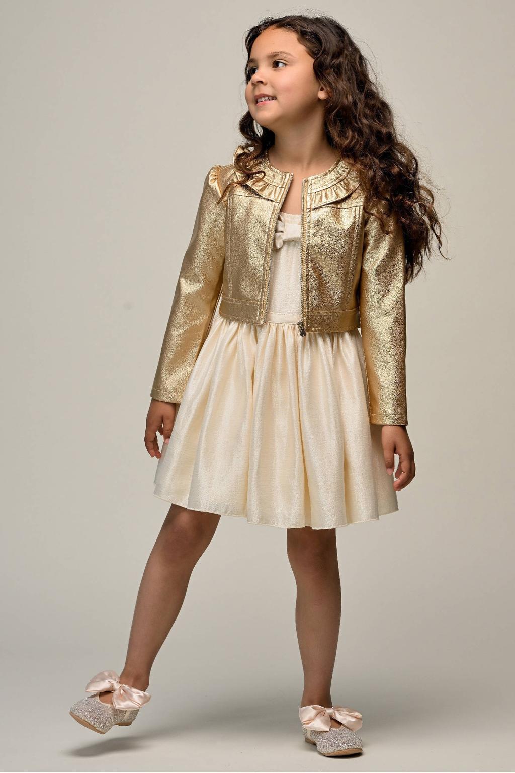 Gouden meisjes Le Chic imitatieleren jasje zomer met lange mouwen, ronde hals, ritssluiting en glimmend detail