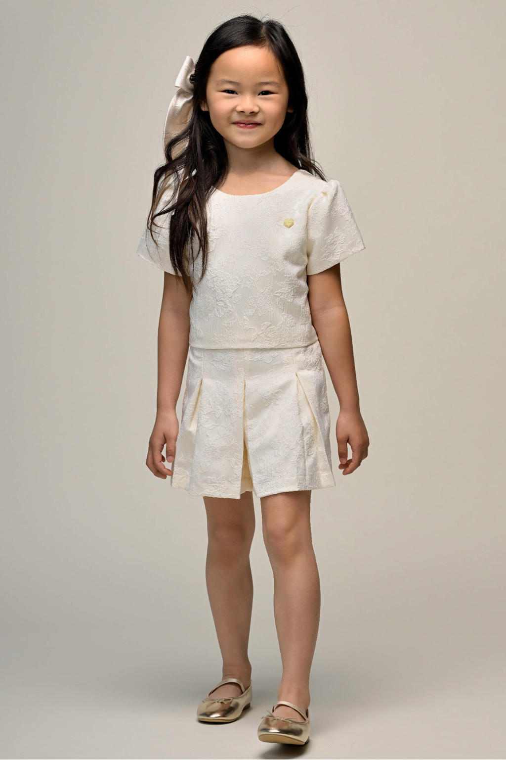 Witte meisjes Le Chic jacquard short van polyester met regular fit, regular waist, elastische tailleband en bloemenprint