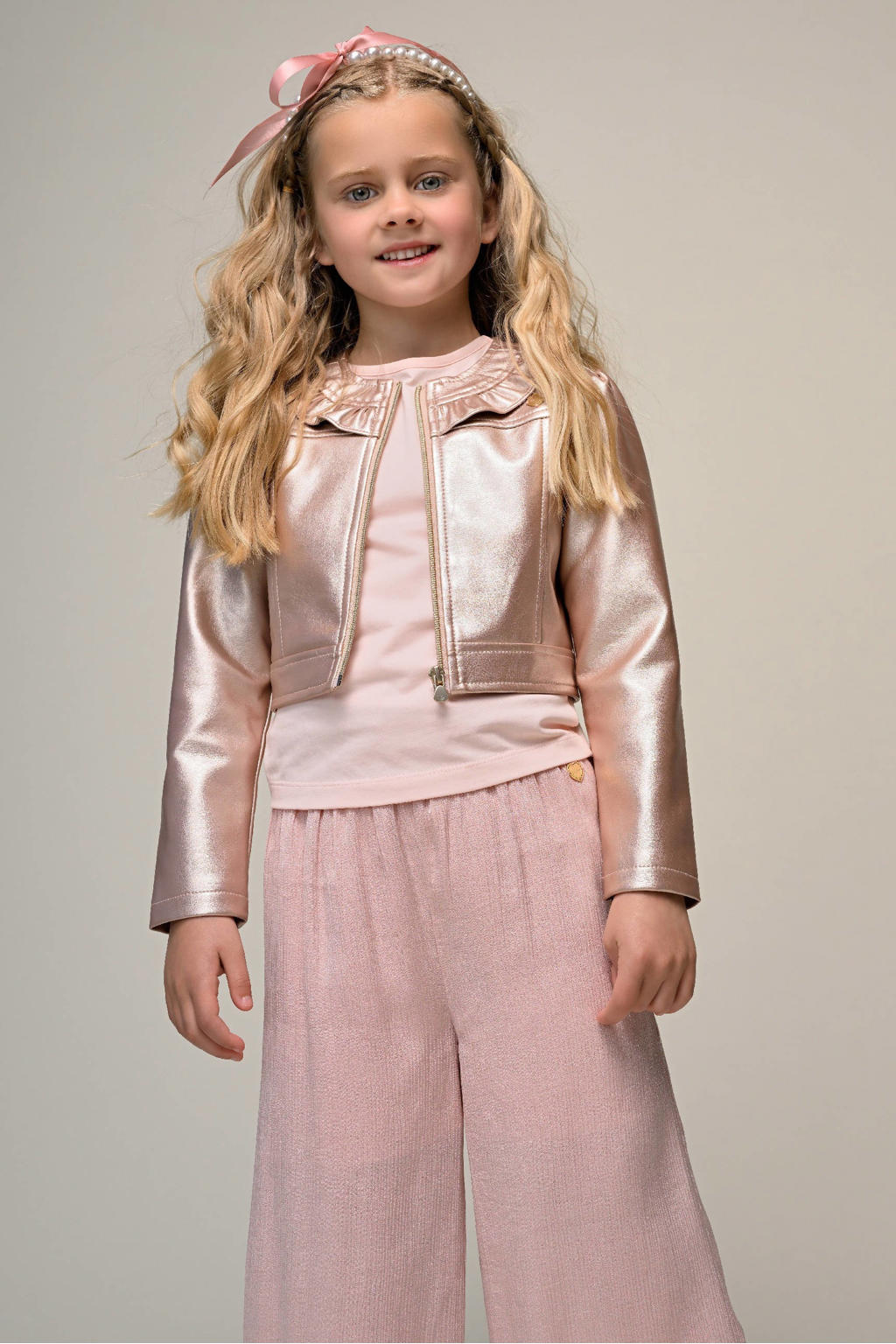 Roze meisjes Le Chic T-shirt van katoen met korte mouwen, ronde hals en contrast bies
