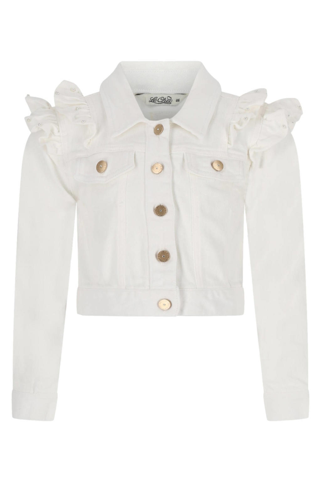Witte meisjes Le Chic spijkerjas en ruches met lange mouwen, klassieke kraag, knoopsluiting en parels