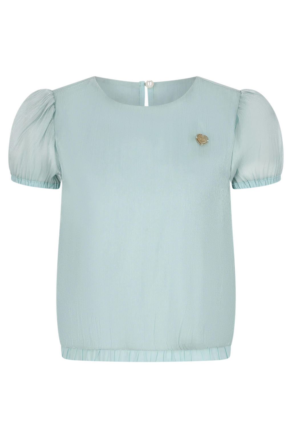 Lichtblauwe meisjes Le Chic blousetop van polyester met korte mouwen, ronde hals, blinde ritssluiting en glimmend detail