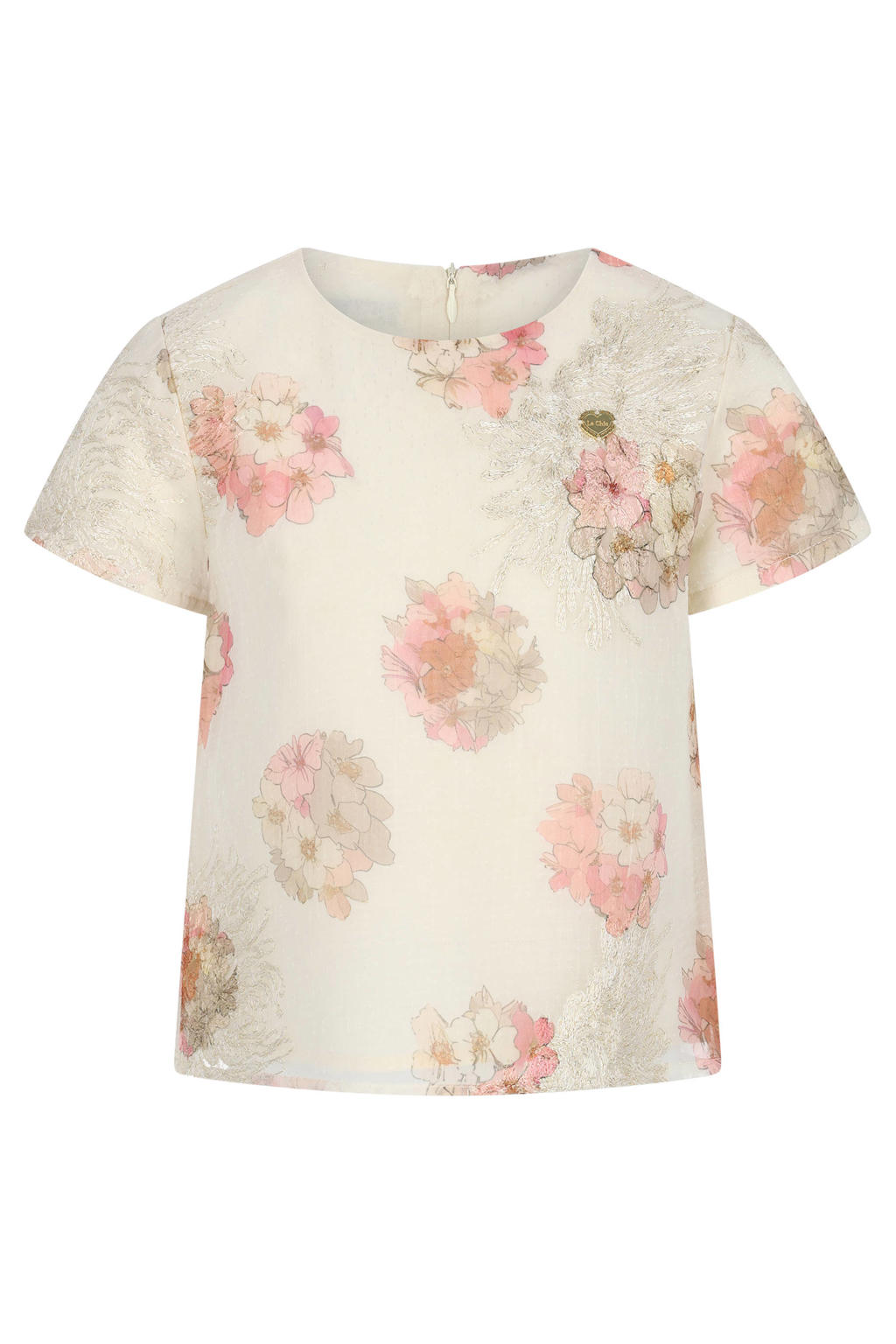 Wit en roze meisjes Le Chic gebloemde T-shirt met korte mouwen, ronde hals, blinde ritssluiting en borduursels