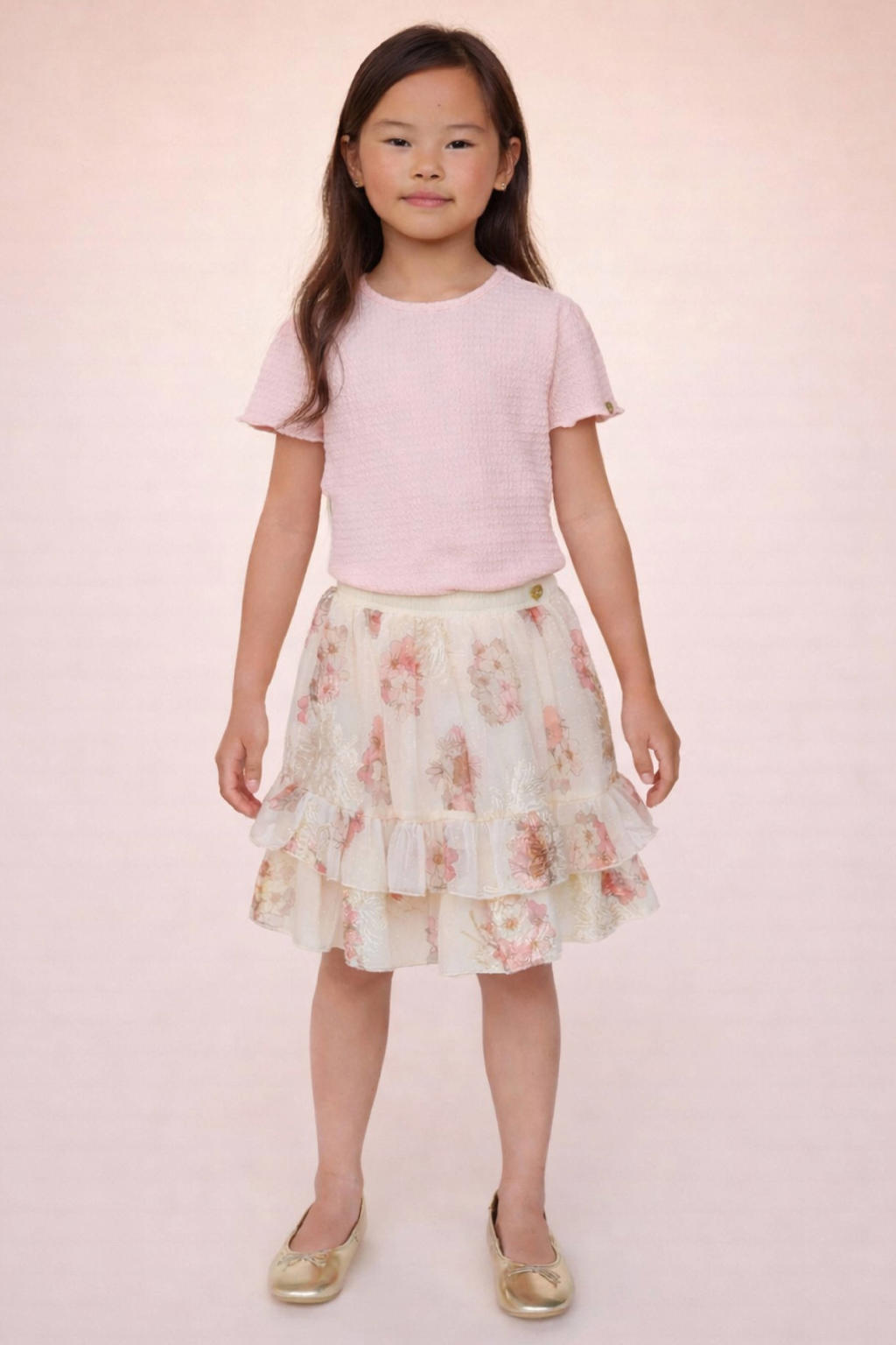 Roze meisjes Le Chic T-shirt van polyester met korte mouwen, ronde hals en golvende afwerking