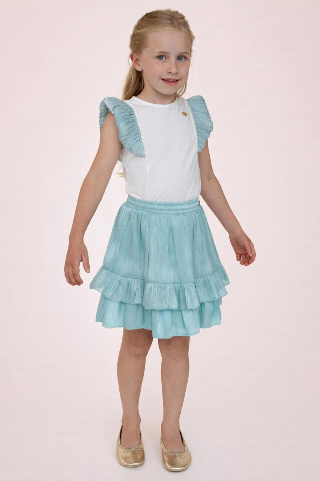 Lichtblauwe meisjes Le Chic mini rok voorzien van elastische tailleband met koord