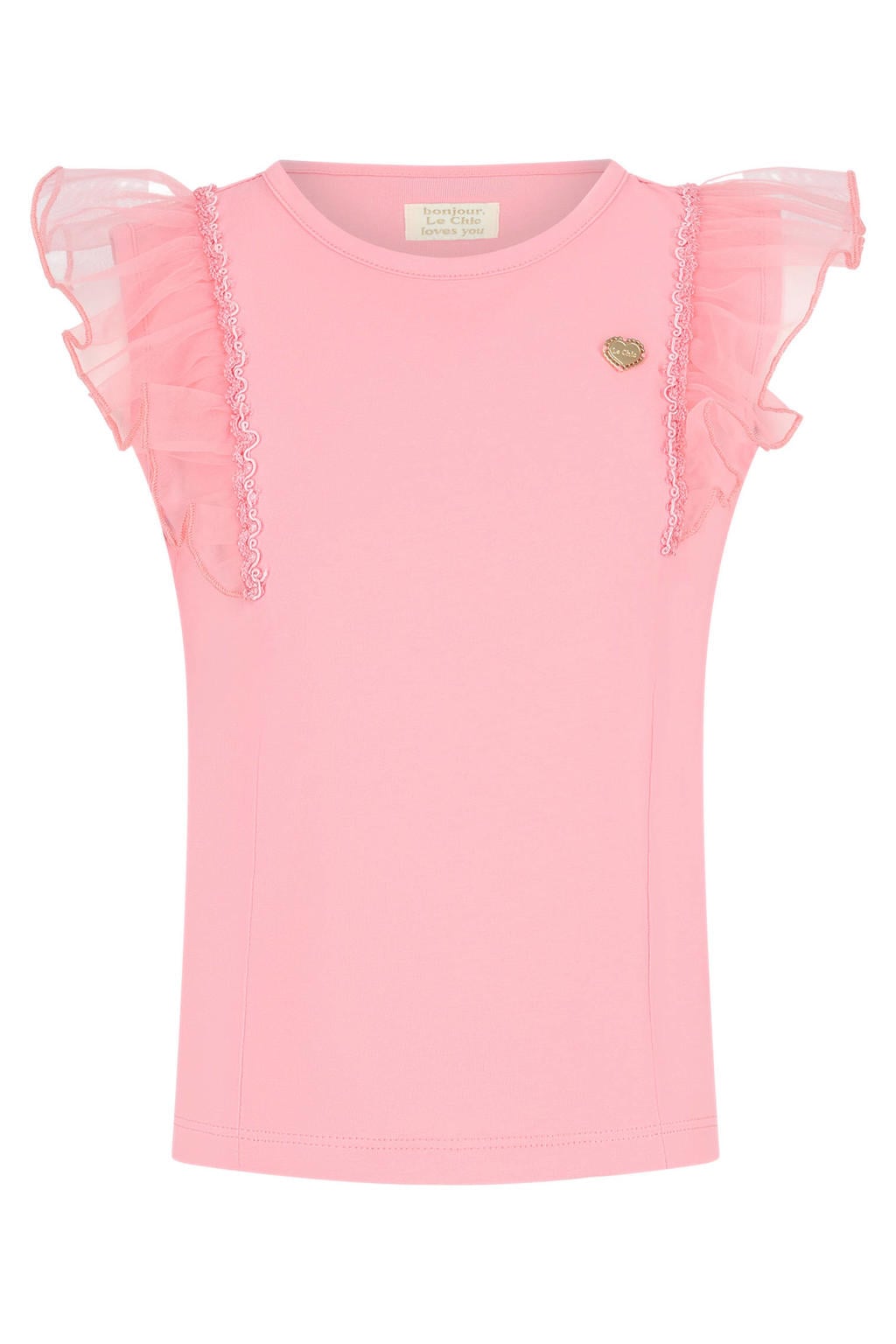 Roze meisjes Le Chic T-shirt van katoen met korte mouwen, ronde hals en ruches