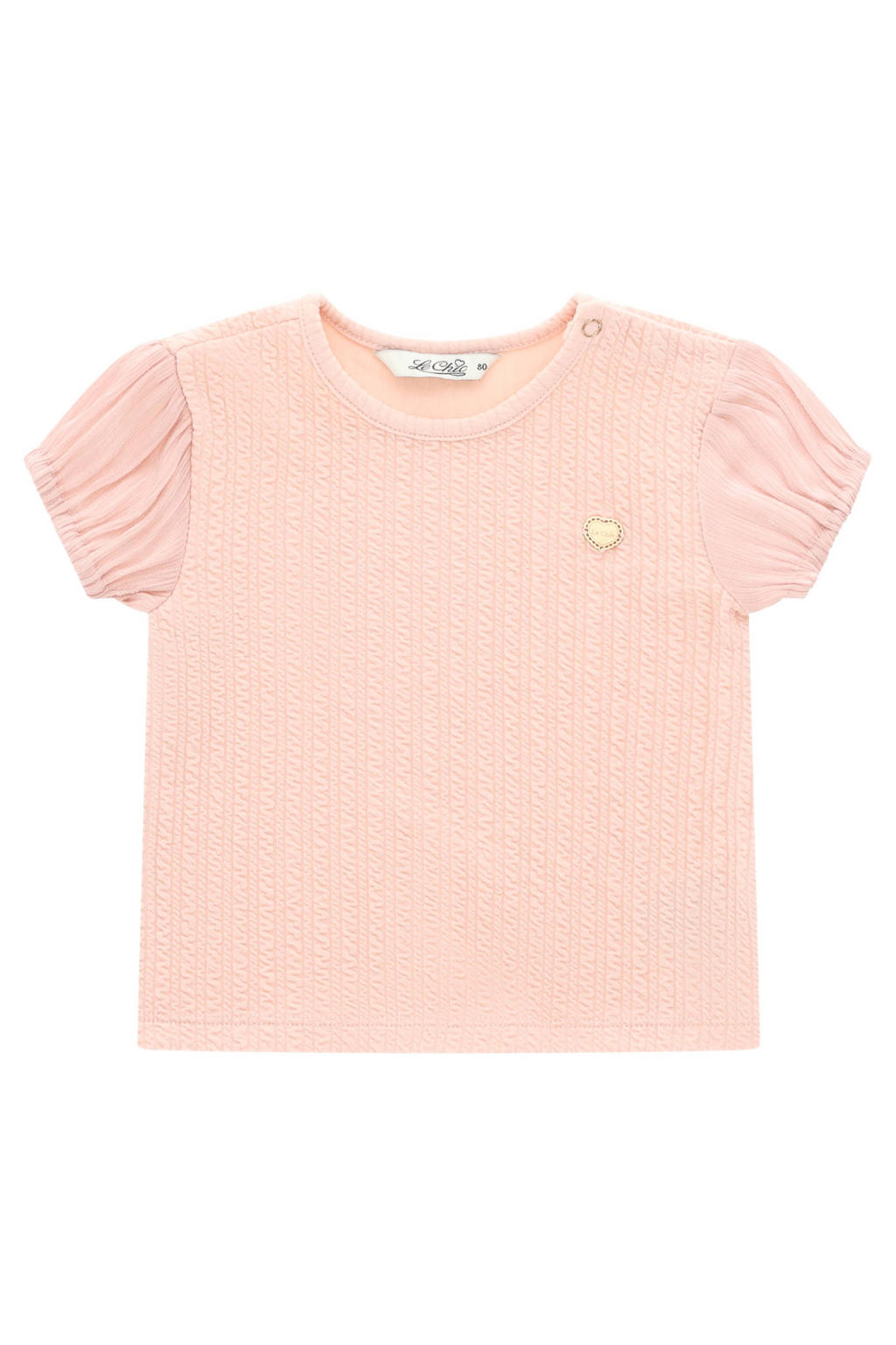 Lichtroze meisjes Le Chic T-shirt van polyester met korte mouwen, ronde hals, drukknoopsluiting en contrast bies