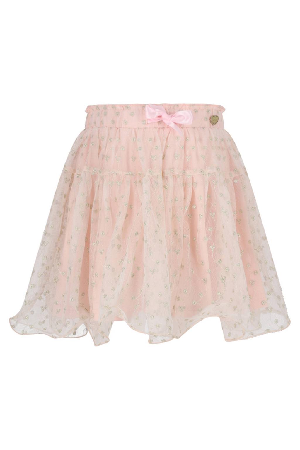Lichtroze meisjes Le Chic gebloemde korte rok gemaakt van polyester en met elastische tailleband met koord