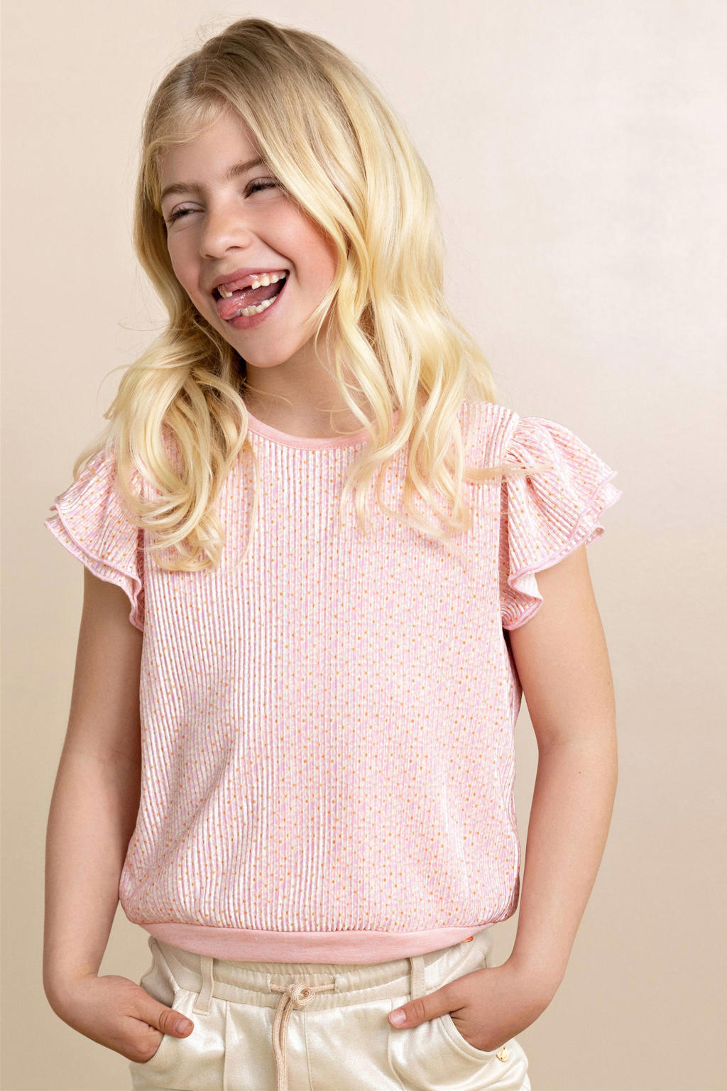Roze meisjes NONO blousetop van polyester met korte mouwen, ronde hals en knoopsluiting