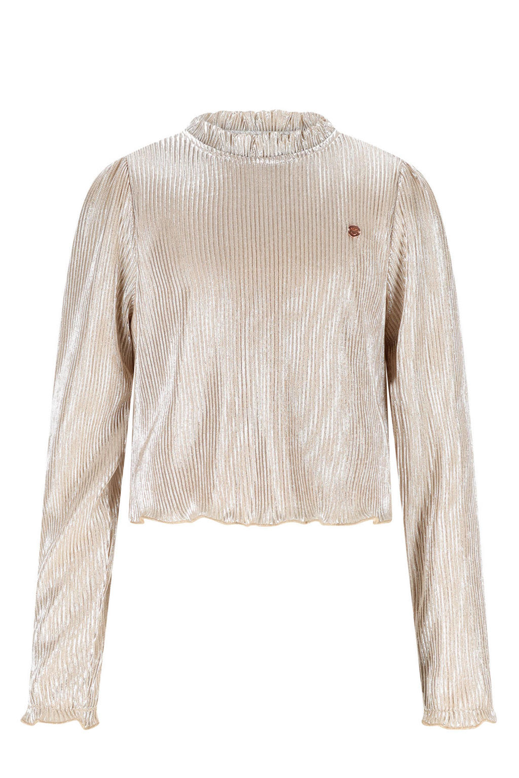 Witte meisjes NONO blousetop van polyester met effen, lange mouwen, opstaande kraag en glimmend detail