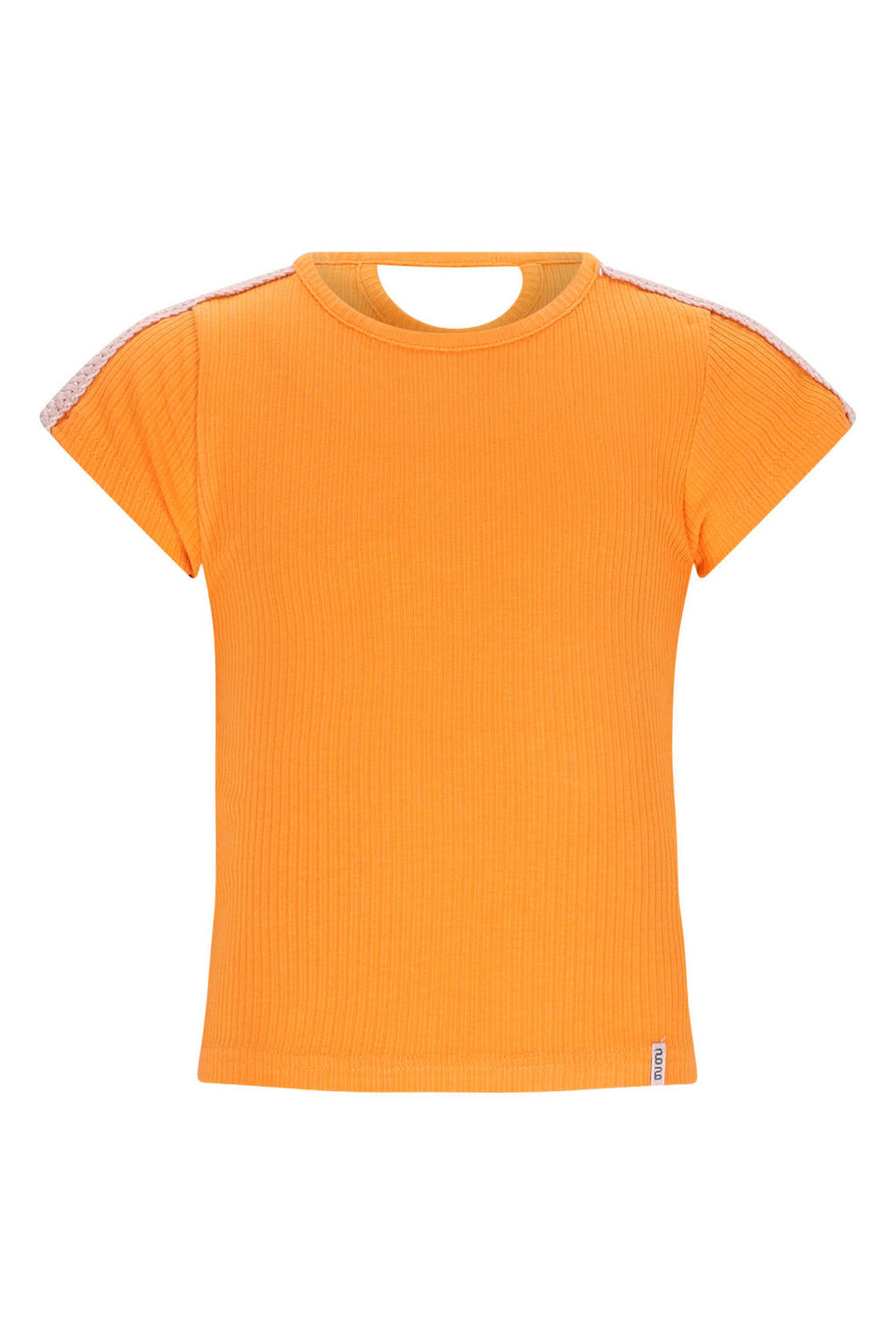 Oranje en roze meisjes NONO T-shirt rib gebreid van viscose met effen, korte mouwen, ronde hals en contrast bies