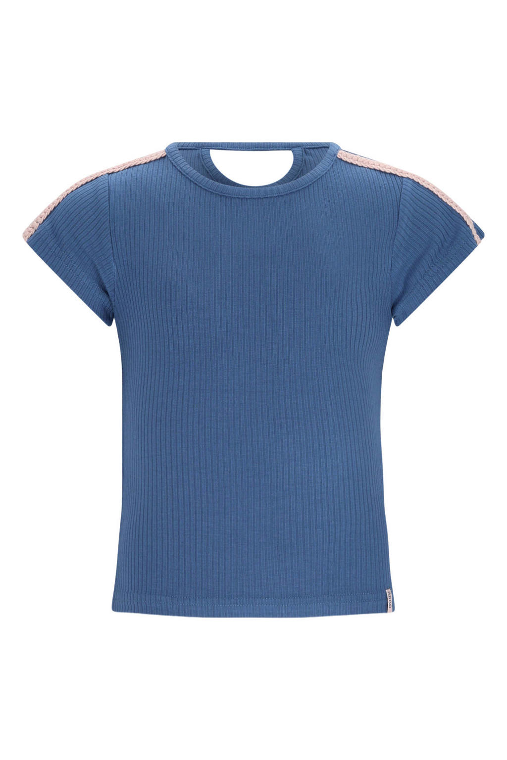 Blauw en roze meisjes NONO T-shirt rib gebreid van viscose met effen, korte mouwen, ronde hals en contrast bies