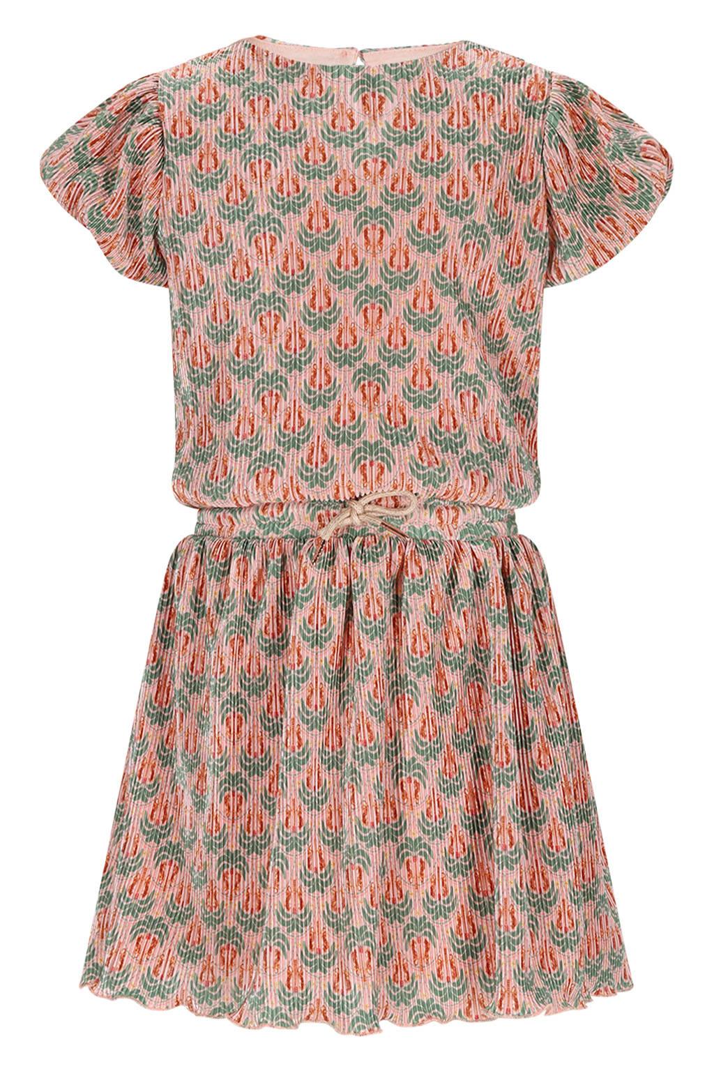 Groen en roze meisjes NONO midi jurk van polyester met korte mouwen, ronde hals en elastische tailleband met koord