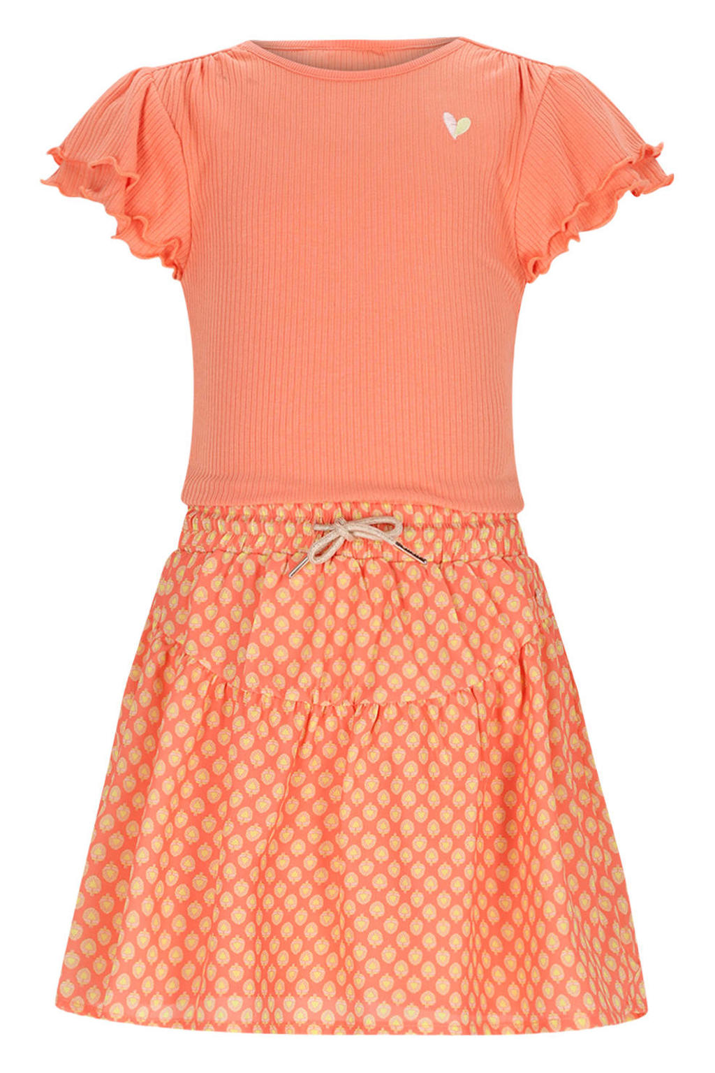 Oranje en gele meisjes NONO gebloemde midi jurk van polyester met korte mouwen en ronde hals