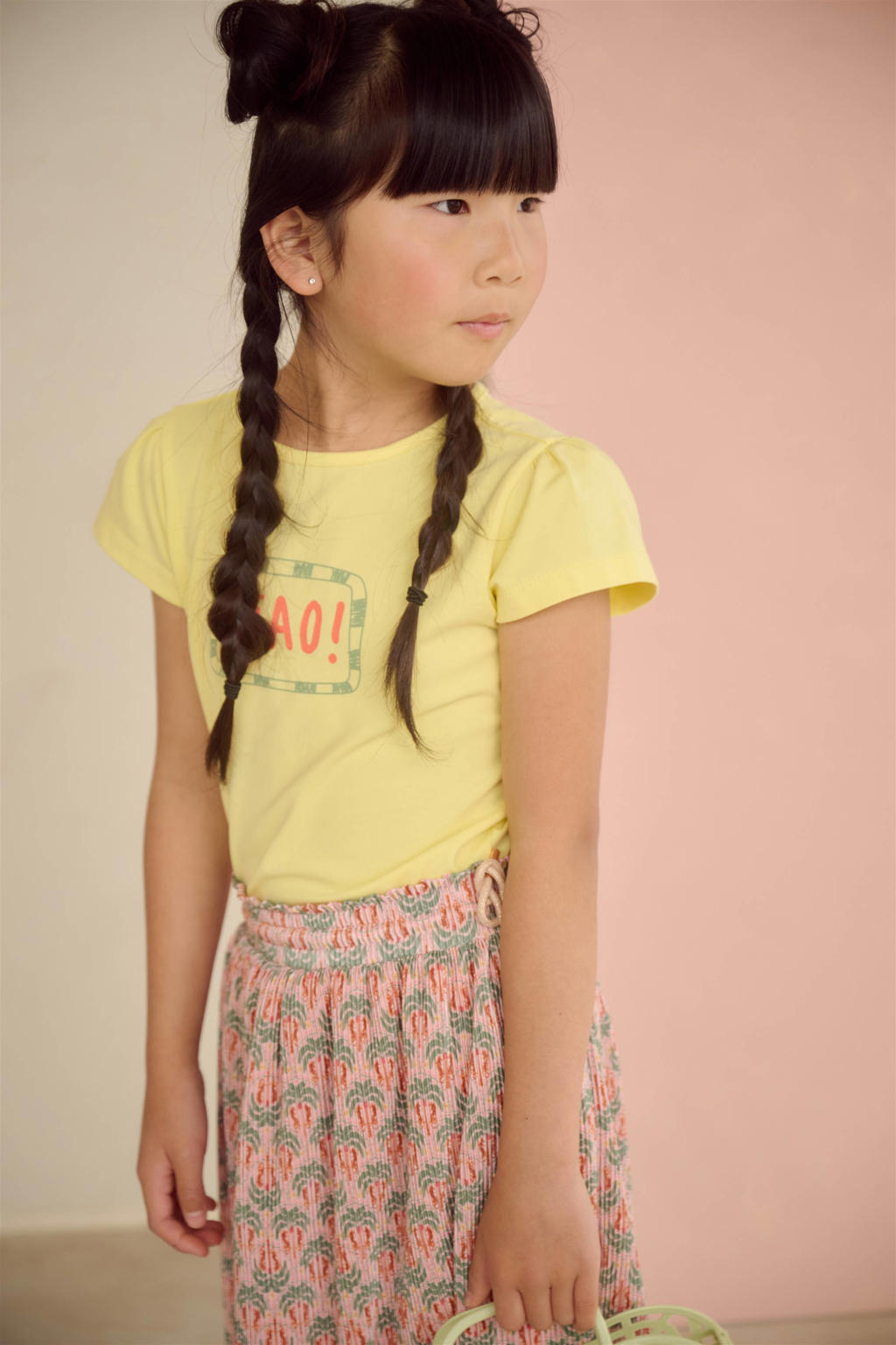 Gele meisjes NONO T-shirt van stretchkatoen met printopdruk, korte mouwen en ronde hals
