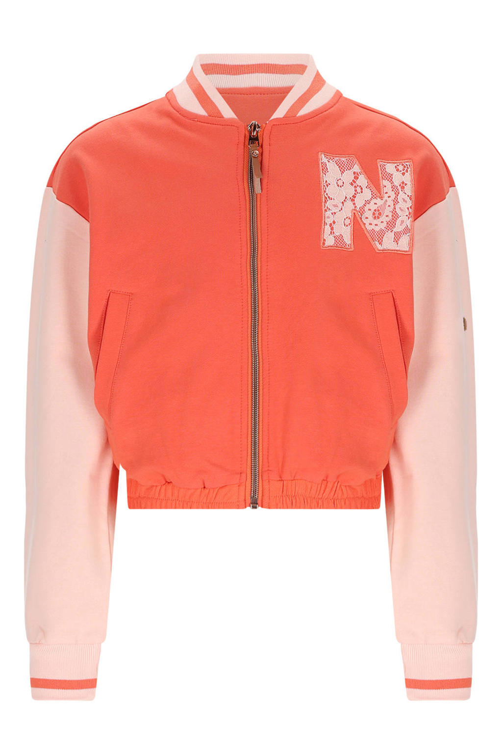 Oranje en lichtroze meisjes NONO sweatvest van stretchkatoen met meerkleurige print, lange mouwen, opstaande kraag, ritssluiting en elastische boord