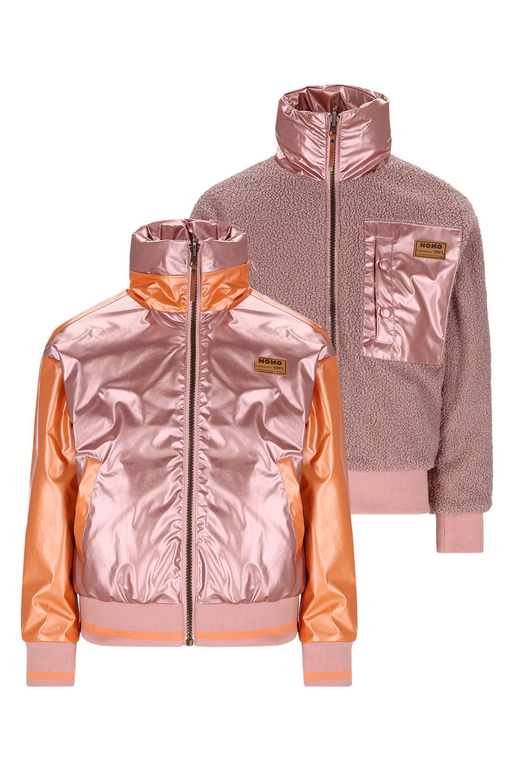 Roze en oranje meisjes NONO reversible jas van teddy materiaal met meerkleurige print, lange mouwen, opstaande kraag en ritssluiting