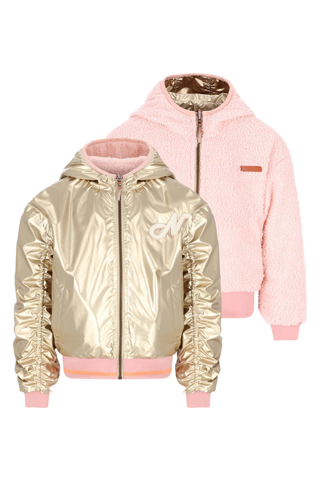 Roze, zalm en gouden meisjes NONO reversible jas van teddy materiaal met effen, lange mouwen, opstaande kraag en elastische tailleband met koord