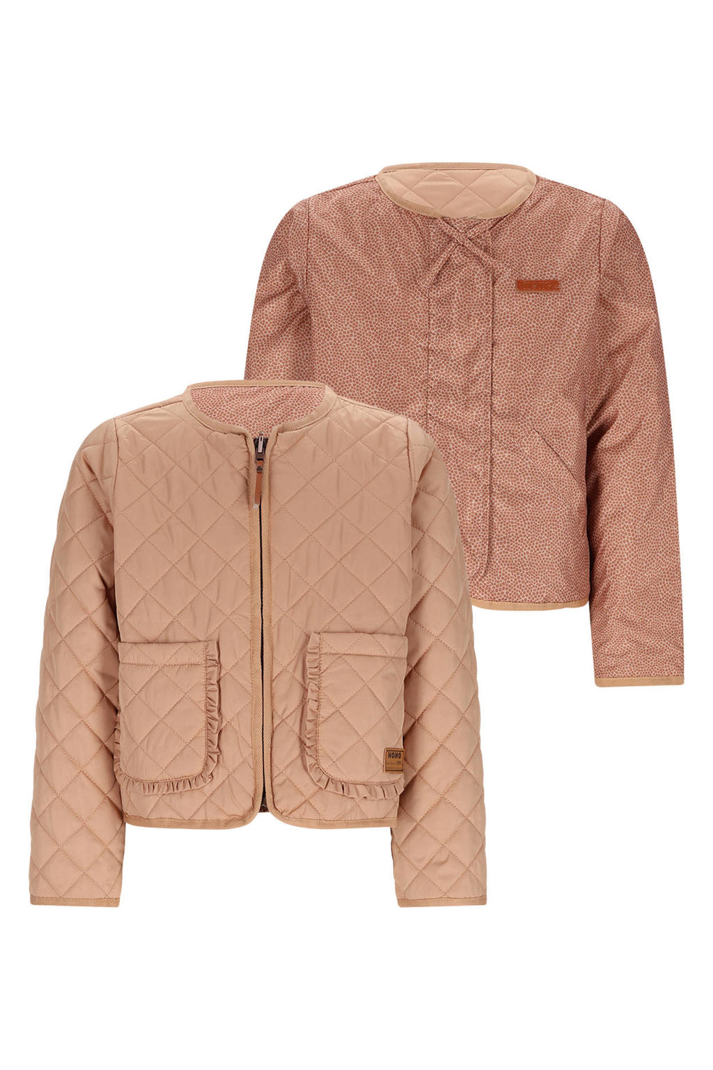 Bruin en lichtbruine meisjes NONO reversible jas van polyester met lange mouwen, rits- en drukknoopsluiting en doorgestikte details