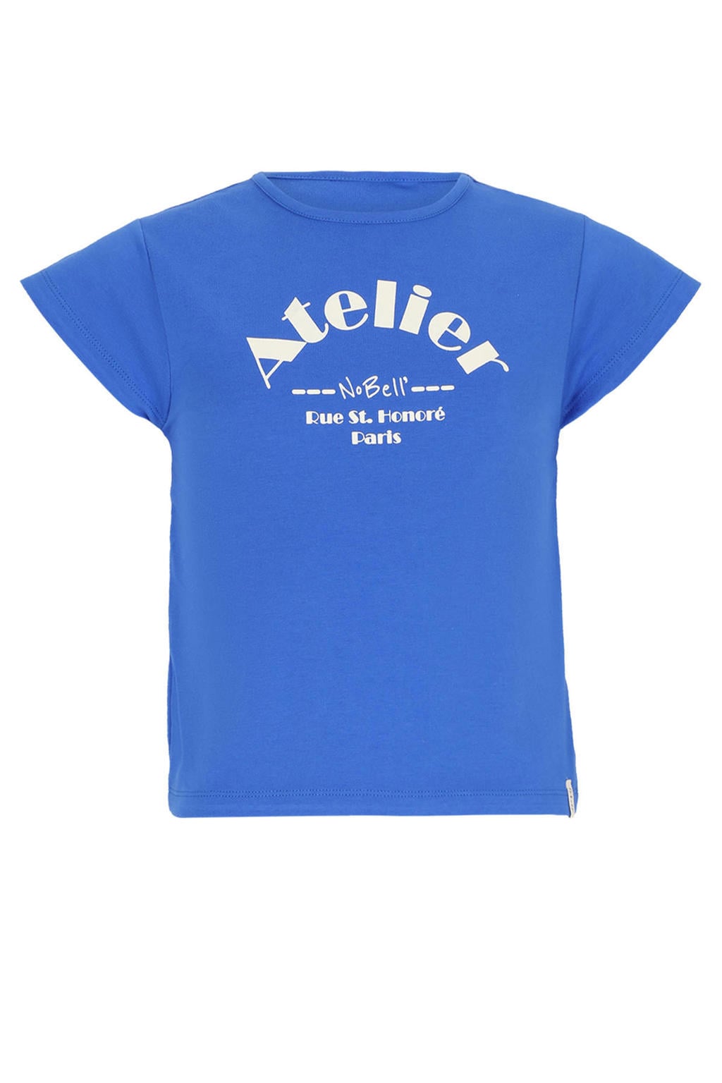 Blauwe meisjes NoBell’ T-shirt van stretchkatoen met tekst print, korte mouwen en ronde hals